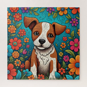Schattigee Puppy met Whimsical Folk Art Flowers Legpuzzel