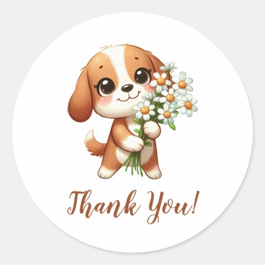 Schattigee Puppy met Zonnebloemen Dank U Ronde Sticker (Voorkant)