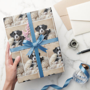 Schattigee puppy op een bontkussen cadeaupapier