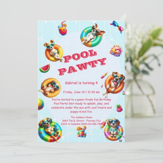 Schattigee Puppy Pool Party Verjaardagsuitnodiging Kaart (Staand voorkant)