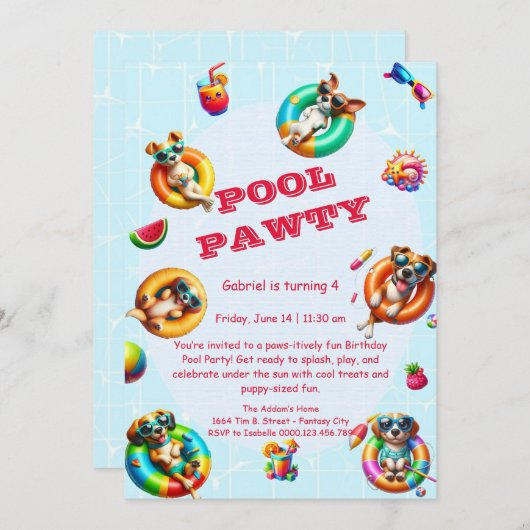 Schattigee Puppy Pool Party Verjaardagsuitnodiging Kaart (Voorkant / Achterkant)