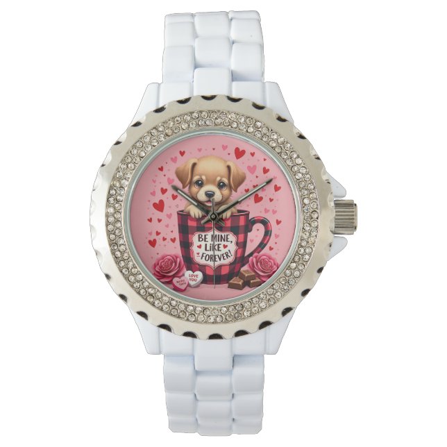 Schattigee Puppy Valentijn Buffalo Plaid Esthetisc Horloge (Voorkant)