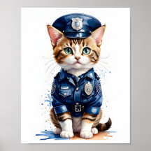 Schattigee Pussy Cat in Politie Uniform Waterverf 