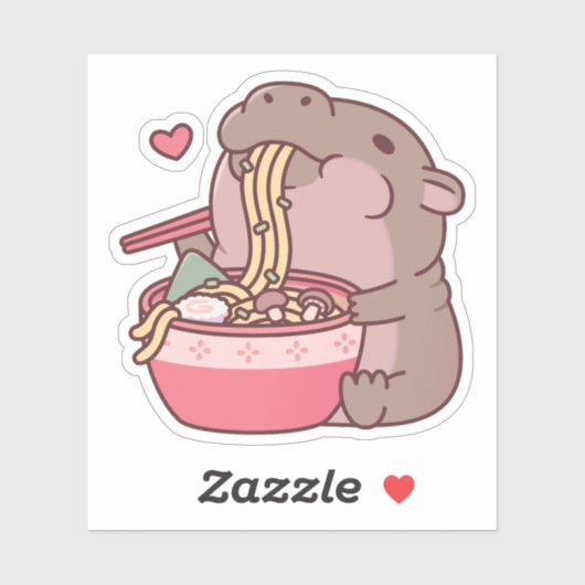 Schattigee Pygmee Hippo slurpen op Ramen Noodles Sticker (Vel)