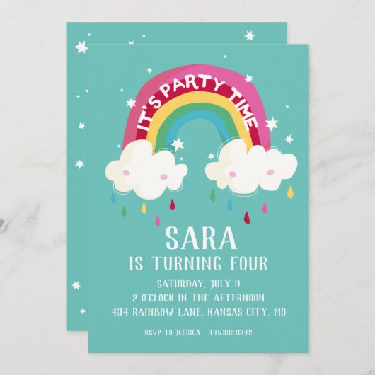 Schattigee Rainbow Birthday Invitation Kaart (Voorkant / Achterkant)
