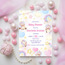 Schattigee Rainbow Eenhoorn Meisje Baby shower Inv