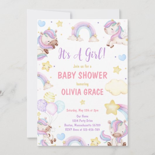 Schattigee Rainbow Eenhoorn Meisje Baby shower Inv Kaart (Voorkant)