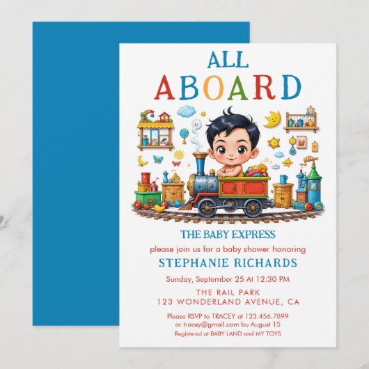 Schattigee Red Blue Train Baby shower Boy Invitati Kaart (Voorkant / Achterkant)