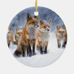 Schattigee Red Fox-familie in de kerstvakantie in  Keramisch Ornament