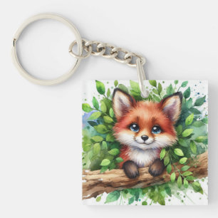 Schattigee Red Fox Waterverf Sleutelhanger