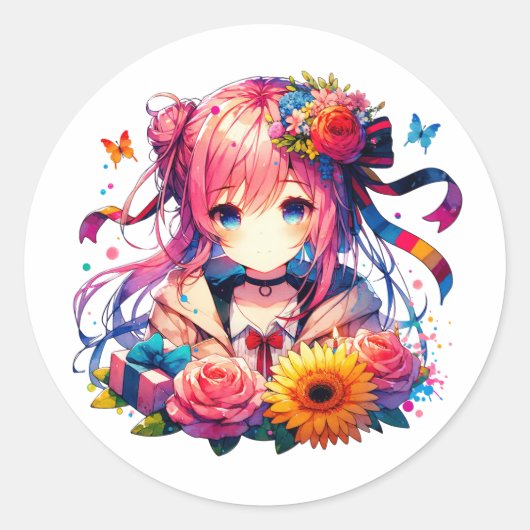 Schattigee regenboog anime meisje en kitten verjaa ronde sticker (Voorkant)