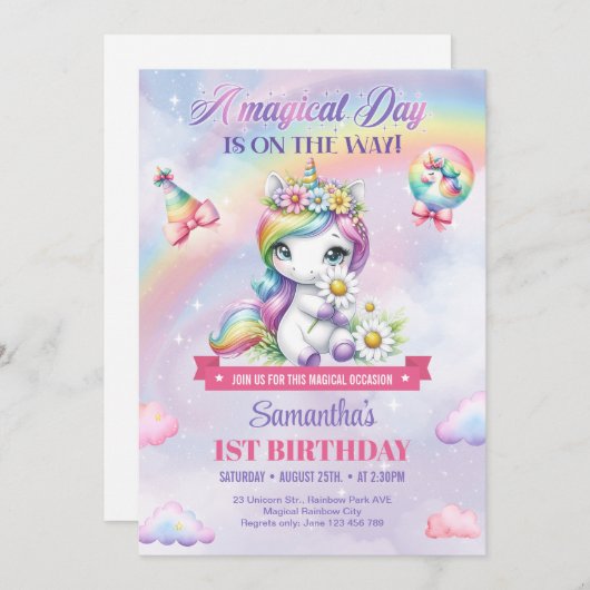 Schattigee Regenboog Eenhoorn En Sparkles 1e Verja Kaart (Voorkant / Achterkant)