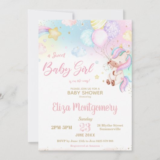 Schattigee regenboog eenhoorn meisje Baby shower Kaart (Voorkant)