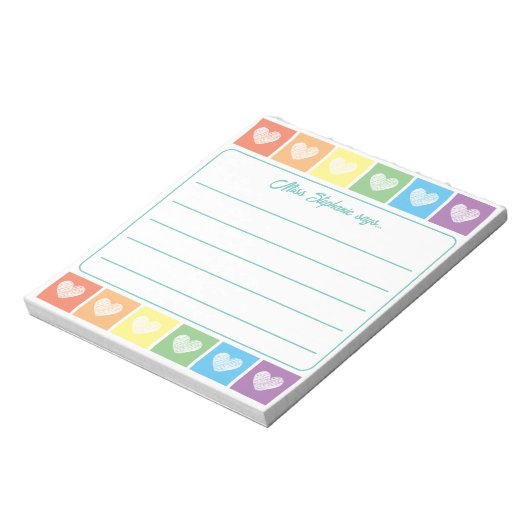 Schattigee Regenboog en Harten Leraar Naam Notitie Notitieblok (Gedraaid)