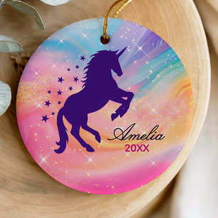 Schattigee regenboog girly eenhoorn vakantie keeps keramisch ornament