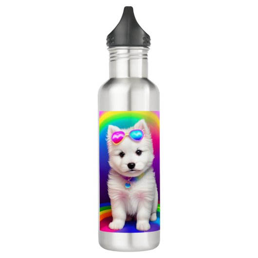 Schattigee regenboog puppy gepersonaliseerd waterfles  (Links)