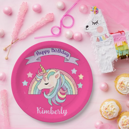 Schattigee Regenboog & Sparkly Eenhoorn Heet Roze  Papieren Bordje (Feest)
