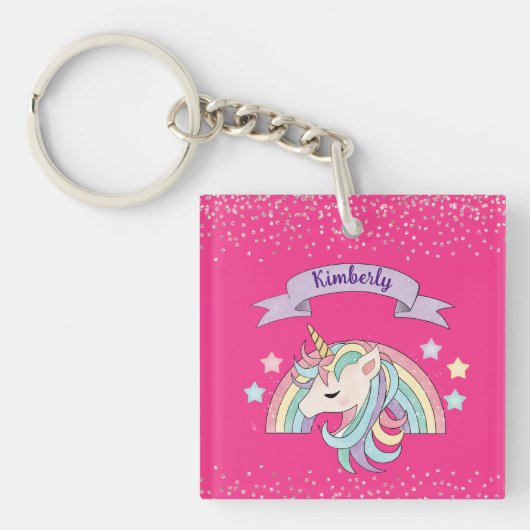 Schattigee Regenboog & Sparkly Eenhoorn Heet Roze Sleutelhanger (voorkant)