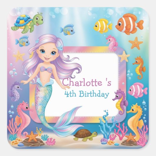 Schattigee Regenboog zeemeermin vis schildpad ster Vierkante Sticker (Voorkant)