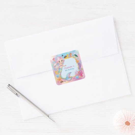 Schattigee Regenboog zeemeermin vis zeepaardster V Vierkante Sticker (Envelop)