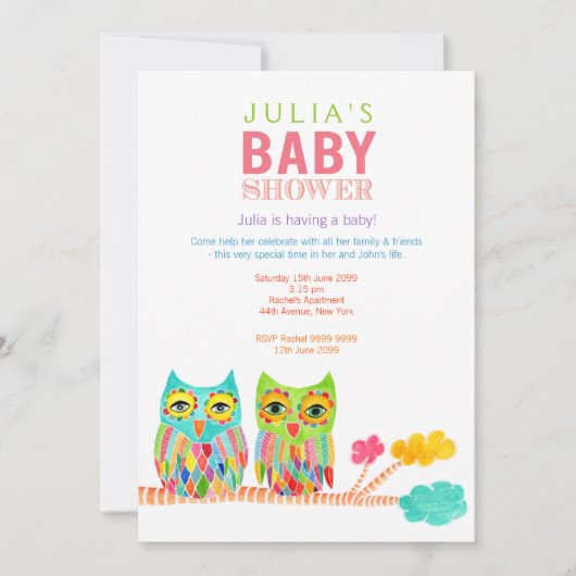 Schattigee regenbooguilen Baby shower Uitnodigen Kaart (Voorkant)