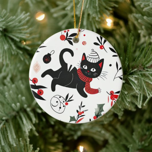 Schattigee Retro Black Cat Christmas Keramisch Ornament (Boom)