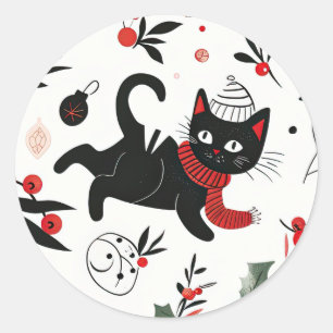 Schattigee Retro Black Cat Christmas Ronde Sticker