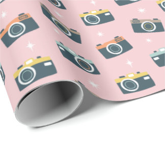 Schattigee Retro Camera's op lichtroze Cadeaupapier