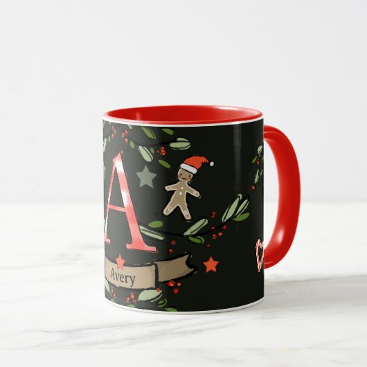 Schattigee Retro Christmas Monogram "A" met naam Mok (Voorkant rechts)