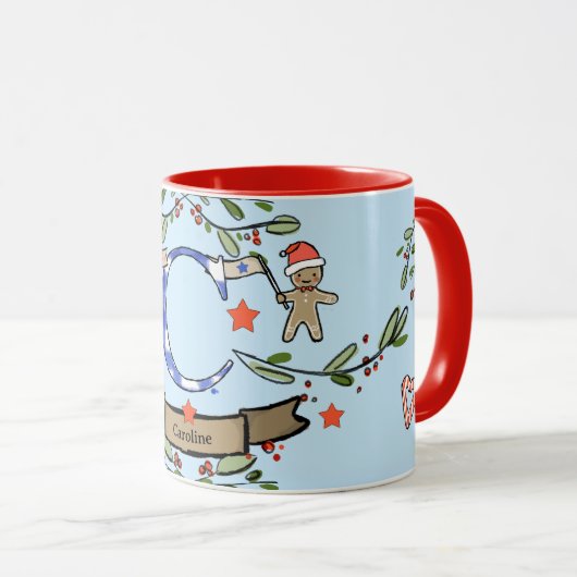 Schattigee Retro Christmas Monogram "C" met naam Mok (Voorkant rechts)