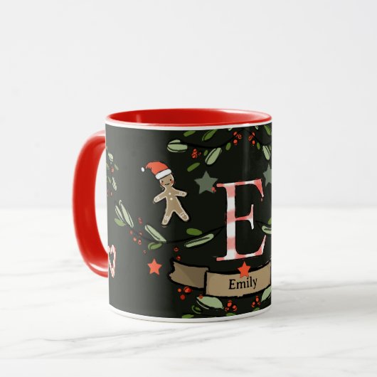 Schattigee Retro Christmas Monogram "E" met naam Mok (Voorkant links)