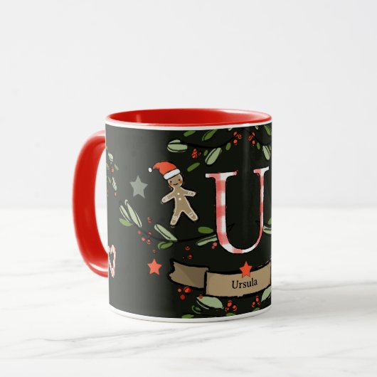 Schattigee Retro Christmas Monogram "U" met naam Mok (Voorkant links)