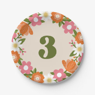 Schattigee Retro Floral 3 Meisjes Derde verjaard Papieren Bordje