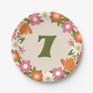 Schattigee Retro Floral 7 Meisjes Zevende verjaa Papieren Bordje