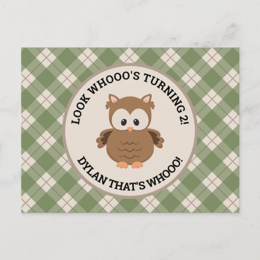 Schattigee Retro Groene Plaid Uil Verjaardag Uitnodiging Briefkaart (Voorkant)