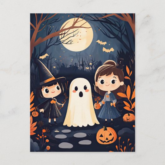 Schattigee Retro Halloween Kinder Ghost Pumpkin Briefkaart (Voorkant)