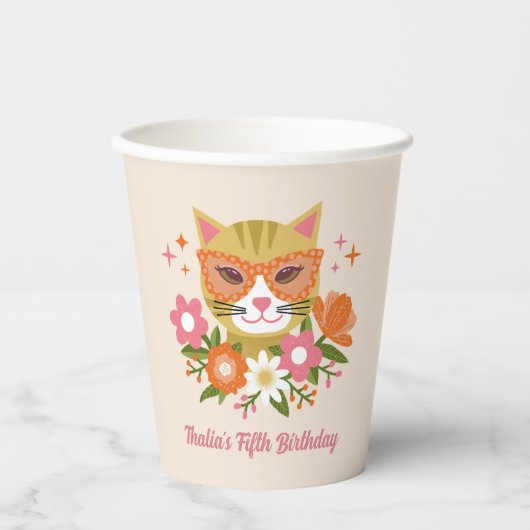 Schattigee Retro Kat en Bloemen Meisjes Verjaardag Papieren Bekers (Voorkant)