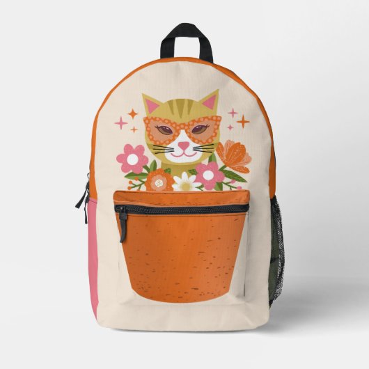 Schattigee Retro Kat en Bloemen Terracotta Planter Bedrukte Rugzak (Voorkant)