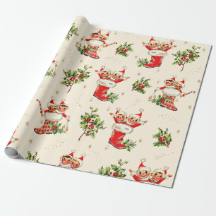 Schattigee Retro Kerst Rode Groene Elfen Cadeaupapier