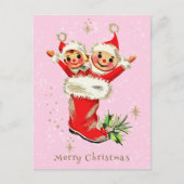 Schattigee  Retro Kerstelfen Roze Briefkaart (Voorkant)