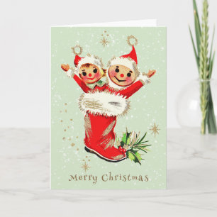 Schattigee  Retro Kerstelfen Sage Green Kaart