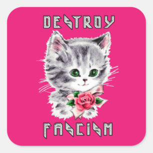 Schattigee retro kitten - vernietig fascisme vierkante sticker