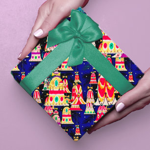 Schattigee retro kleurrijke klokken Christmas Nav Cadeaupapier