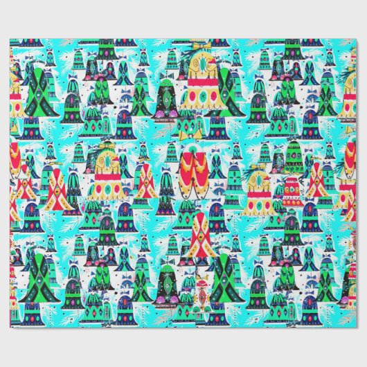 Schattigee retro kleurrijke klokken kerst aqua cadeaupapier (Vlak)