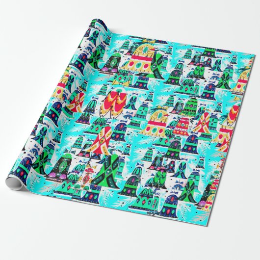 Schattigee  retro kleurrijke klokken kerst aqua cadeaupapier (Uitgerold)