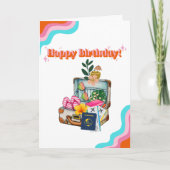 Schattigee retro koffer, reismoeder, leuke verjaar kaart (Voorkant)