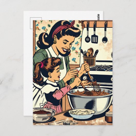 Schattigee retro moeder en dochter samen bakken briefkaart (Voorkant / Achterkant)