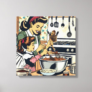 Schattigee retro moeder en dochter samen bakken canvas afdruk