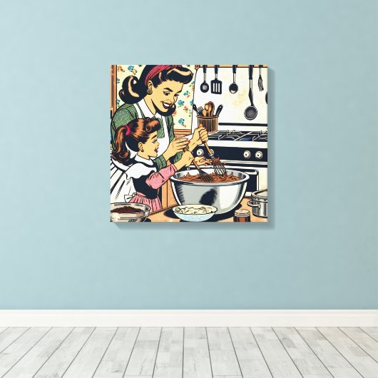 Schattigee retro moeder en dochter samen bakken canvas afdruk (Insitu (Houten vloer))