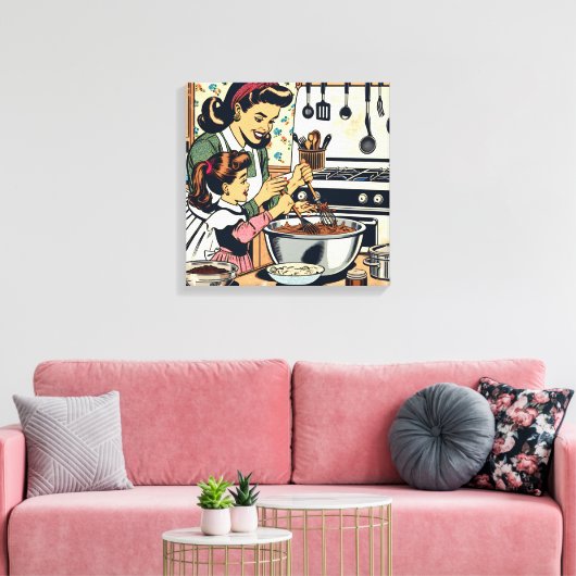 Schattigee retro moeder en dochter samen bakken canvas afdruk (Insitu (Woonkamer))